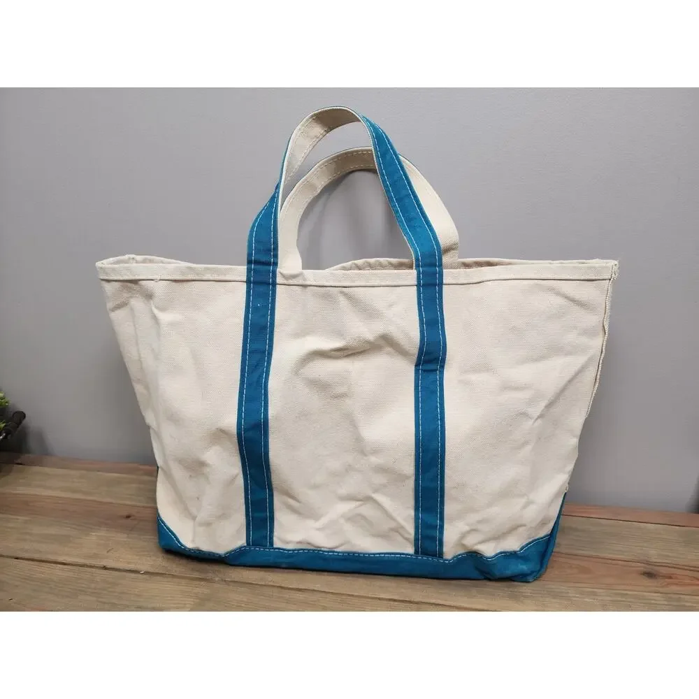 VTG 90s Large LL Bean Boat & Tote Teal Canvas Bag Distressed Stained